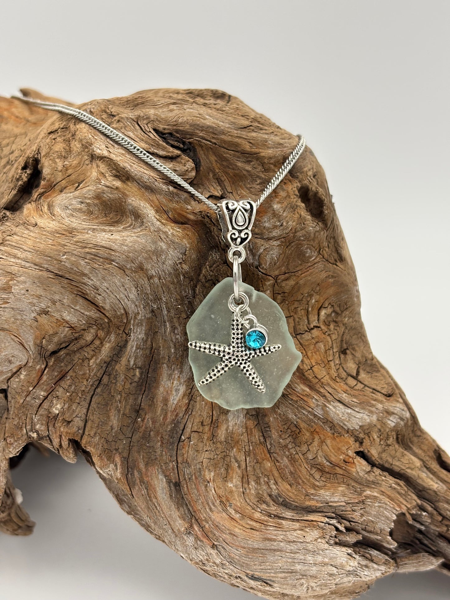 Starfish Hint of Blue Sea Glass Necklace