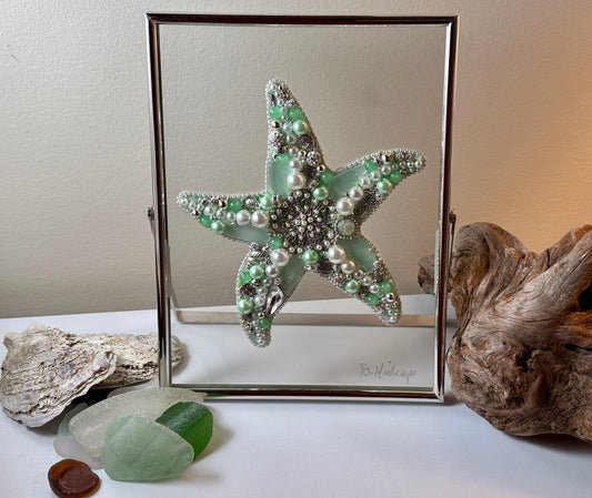 Aqua Sea Glass Starfish on frame with jewelry