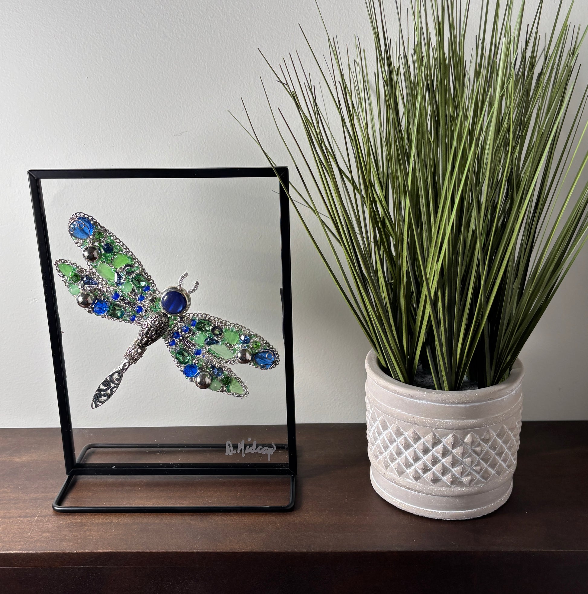 20003 Blue Silver Green Sea Glass Dragonfly 