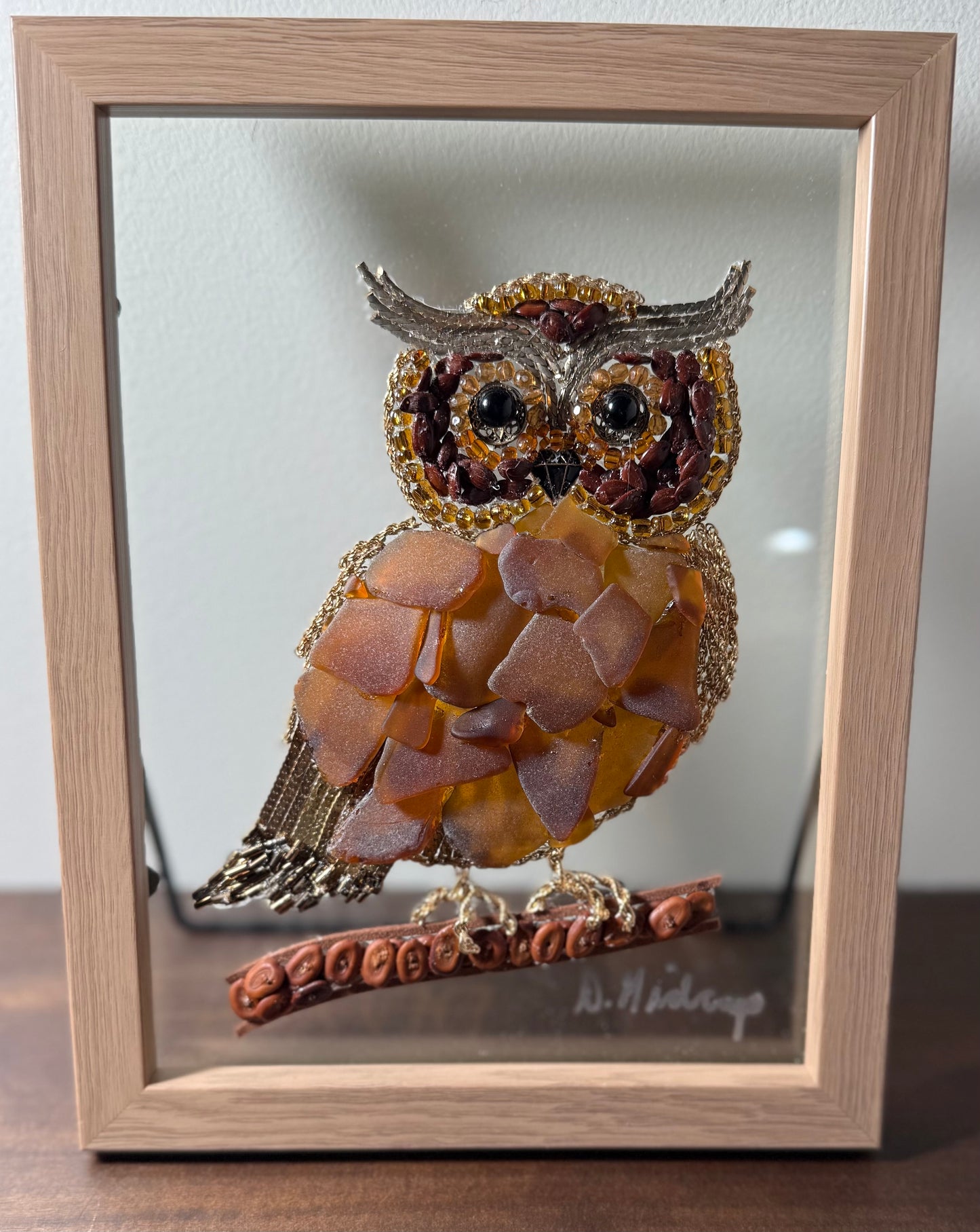 owl made with sea glass and recylced jewelry